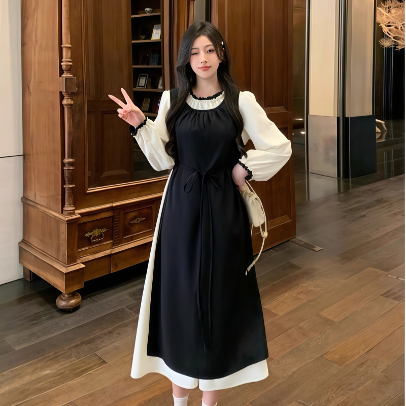 撞色顯瘦連衣裙