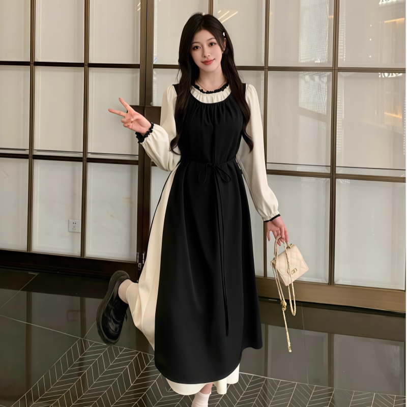 撞色顯瘦連衣裙